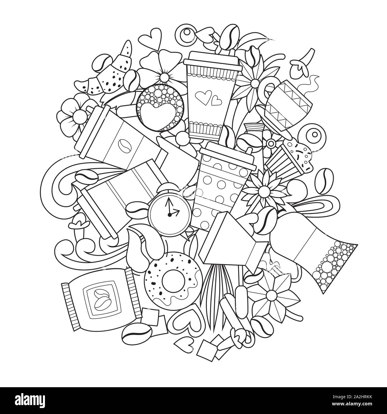 Doodle coffee. Vector illustration. Takeout beverage. Coloring book cafe design Stock Vector