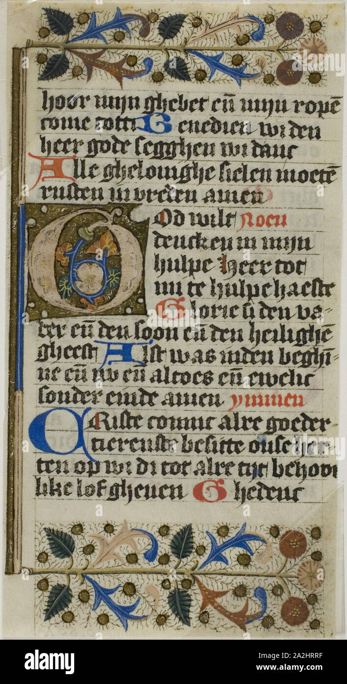 Illuminated Initial G from a Prayerbook, 15th century, Dutch, Netherlands, Manuscript cutting in tempera and gold leaf, with Dutch inscriptions in black and red inks, ruled in black, on parchment, 140 x 74 mm Stock Photo