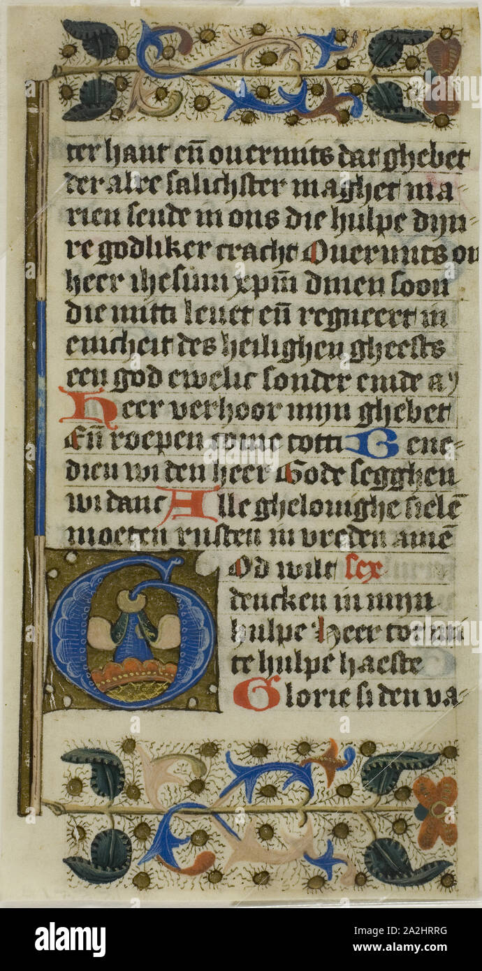Illuminated Initial G from a Bible Historiale, 15th century, Dutch, Netherlands, Manuscript cutting in tempera and gold leaf, with Dutch inscriptions in black and red inks, ruled in black, on parchment, 141 x 75 mm Stock Photo