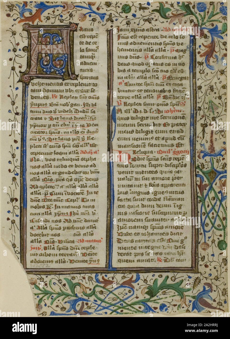 Illuminated Initial H from a Psalter or Breviary, c. 1450s, German or Southern Netherlandish (Bruges), Germany, Manuscript cutting in tempera and gold leaf, with Latin inscriptions in brown and red ink, unruled, on vellum, 135 x 98 mm Stock Photo