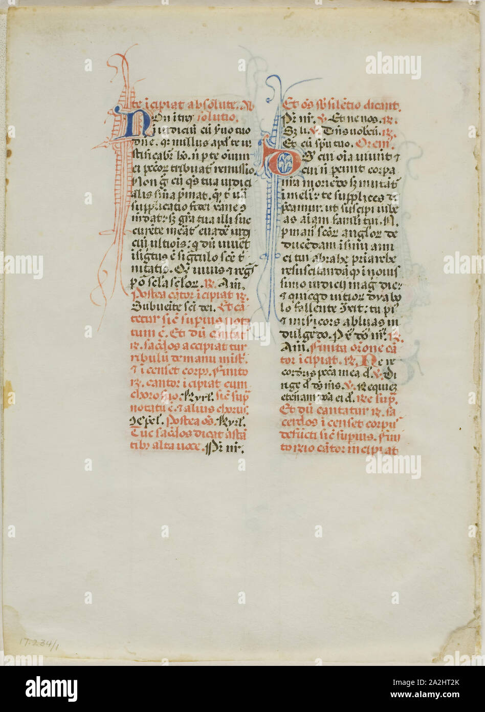 Illuminated Manuscript Leaf, c. 1450, Italian, Italy, Manuscript cutting with round gothic inscriptions in black, red and blue inks, and decorations in red and blue inks, on vellum, 162 x 117 mm Stock Photo