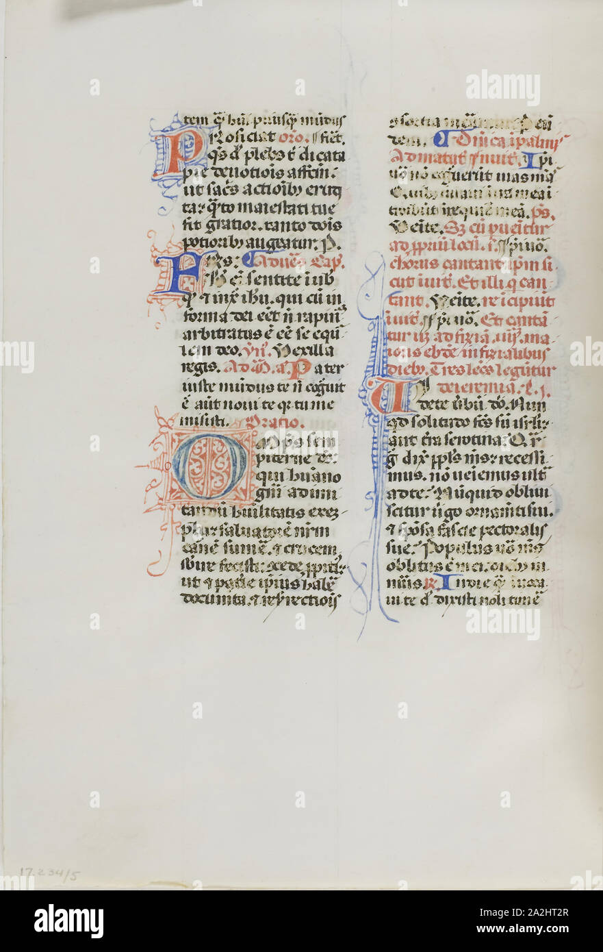 Illuminated Manuscript Leaf, c. 1450, Italian, Italy, Manuscript cutting with round gothic inscriptions in black, red and blue inks, and decorations in red and blue inks, on vellum, 162 x 117 mm Stock Photo