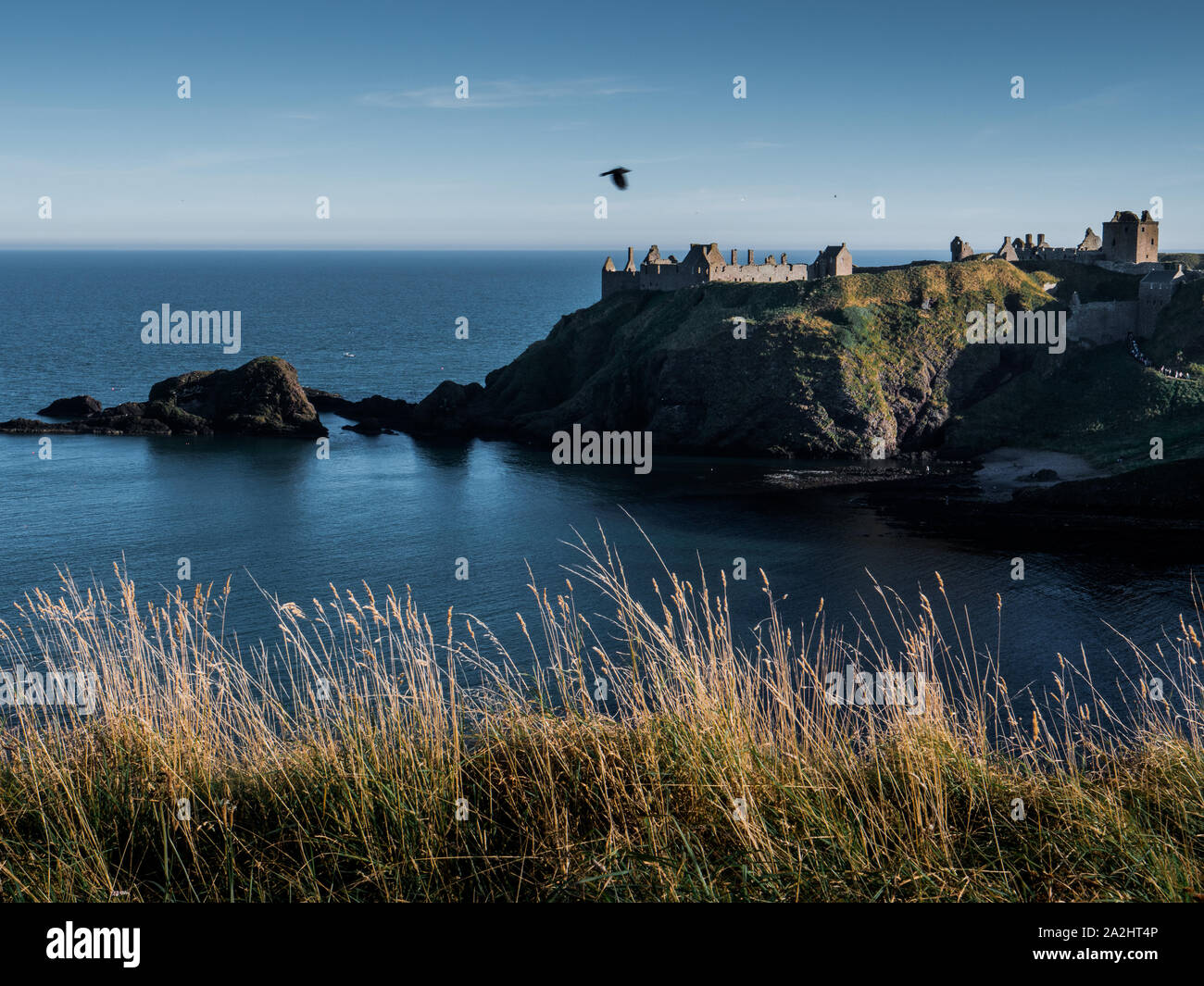 View of the Dunnotar castle. Scottish ruined castle located on an island near the sea. Stock Photo