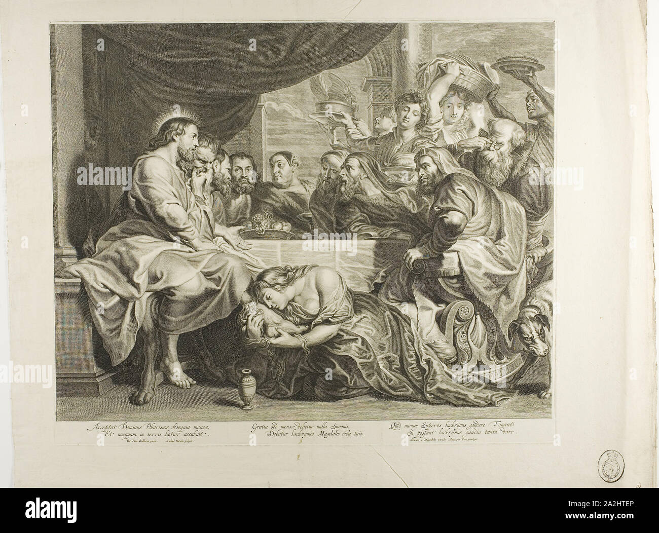 Mary Magdalene at the Feet of Jesus in the Home of Simon the Pharisee, n.d., Michiel Natalis (Flemish, 1610-1668), after Peter Paul Rubens (Flemish, 1577-1640), Flanders, Engraving in black on cream laid paper, 396 × 496 mm (image), 421 × 500 mm (plate), 532 × 658 mm (sheet Stock Photo