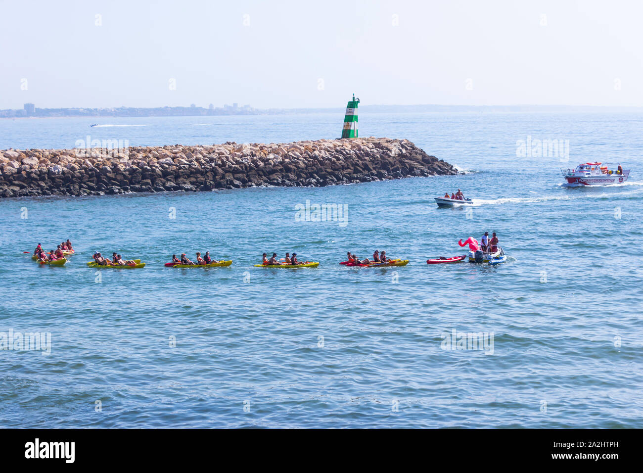 Lagos, Algarve, Portugal.  People learning how to use kayaks. Stock Photo