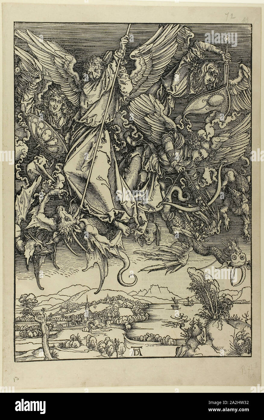 St. Michael Fighting the Dragon, from The Apocalypse, c. 1496–98, published 1511, Albrecht Dürer, German, 1471-1528, Germany, Woodcut in black on buff laid paper, 394 x 282 mm (image), 449 x 306 mm (sheet Stock Photo