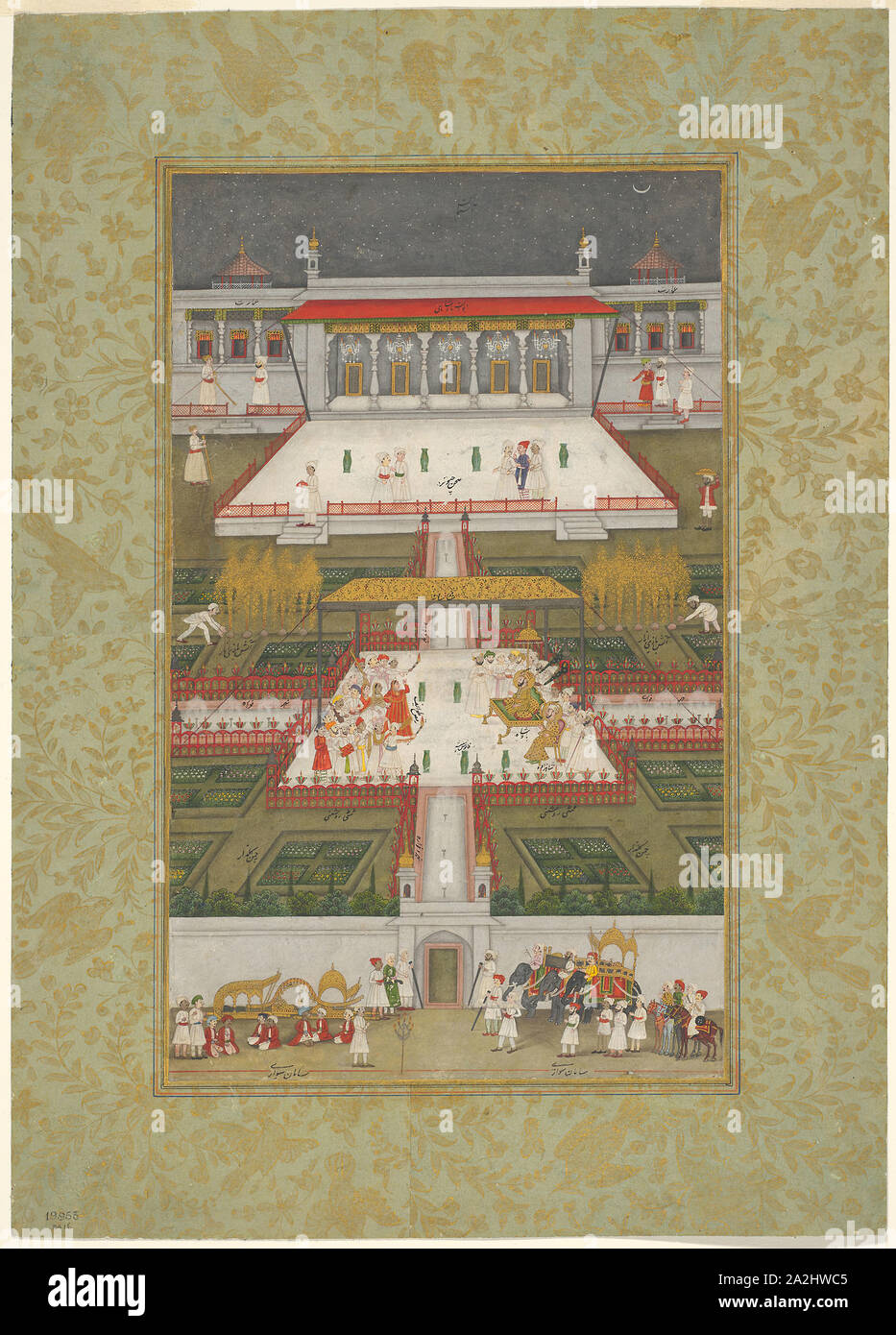 Ruler Entertained by Dancers in a Paradise Garden, late 18th century, India, Uttar Pradesh, Avadh, India, Opaque watercolor and gold on paper, Image: 30 x 12.9 cm (11 13/16 x 5 1/16 in.), Outermost Border: 26.2 x 15.4 cm (12 5/8 x 6 1/16 in. ), Paper: 32 x 21.9 cm (12 5/8 x 8 9/16 in Stock Photo
