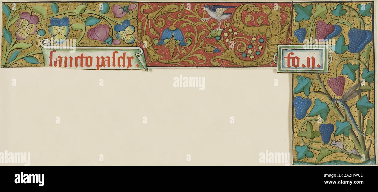 Illuminated Border with Snail, Insect, Bird, Grotesques and Flowers from a Manuscript, 15th or early 16th century, French, France, Manuscript cutting in tempera and gold leaf, with Latin inscriptions in gothic in red ink, on vellum, 139 × 318 mm Stock Photo