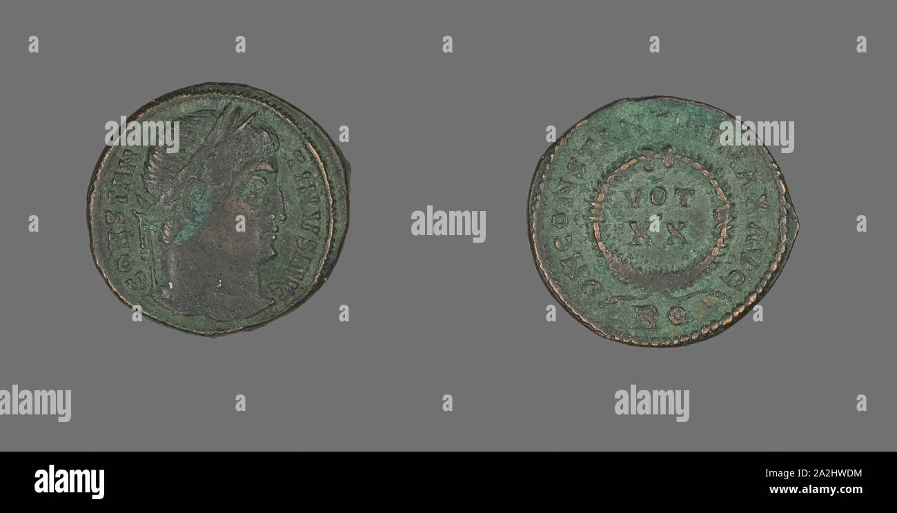 Coin Portraying Emperor Constantine I, AD 321, Roman, minted in Rome, Roman Empire, Bronze, Diam. 1.9 cm, 2.68 g Stock Photo