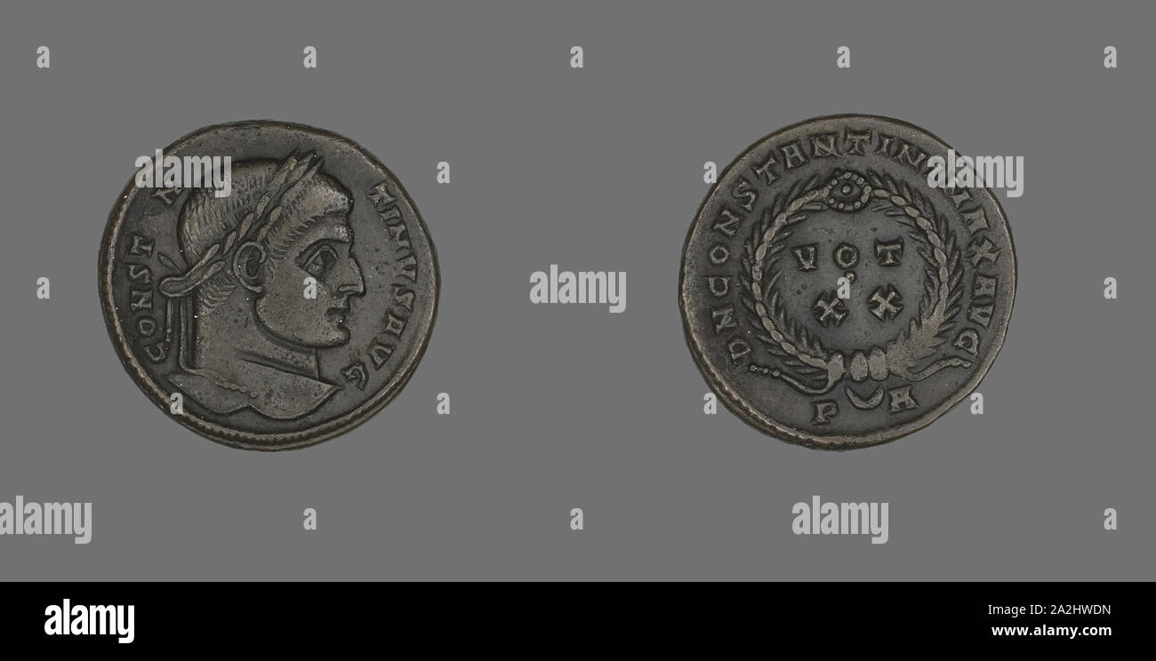 Coin Portraying Emperor Constantine I, AD 321, Roman, minted in Arles, Roman Empire, Bronze, Diam. 1.9 cm, 3.07 g Stock Photo