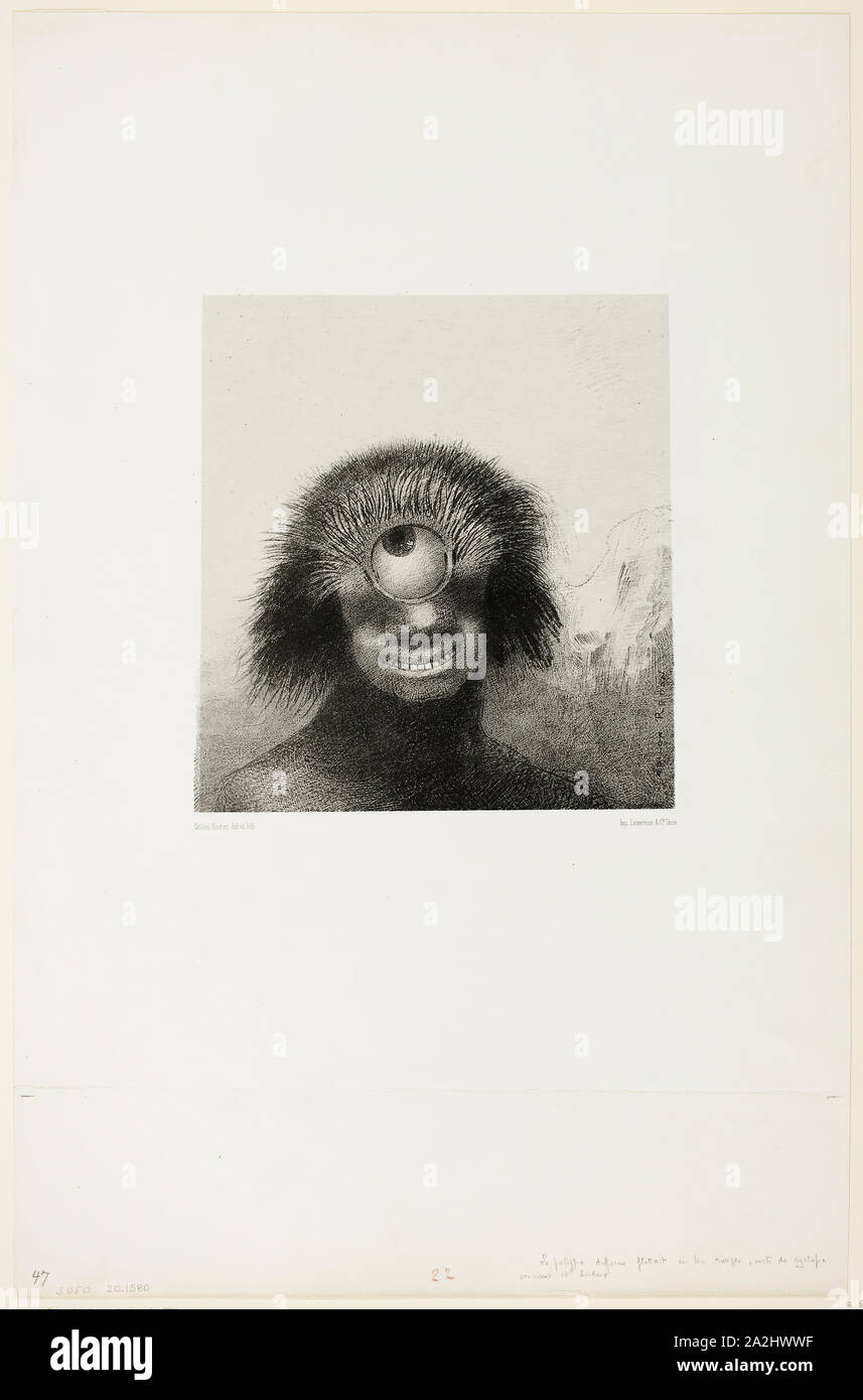 The Misshapen Polyp Floated on the Shores, a Sort of Smiling and Hideous Cyclops, plate 3 of 8 from Les Origines, 1883, Odilon Redon, French, 1840-1916, France, Lithograph in black on light gray China paper, laid down on white wove paper, 213 × 200 mm (image), 212 × 196 mm (chine), 530 × 345 mm (sheet Stock Photo