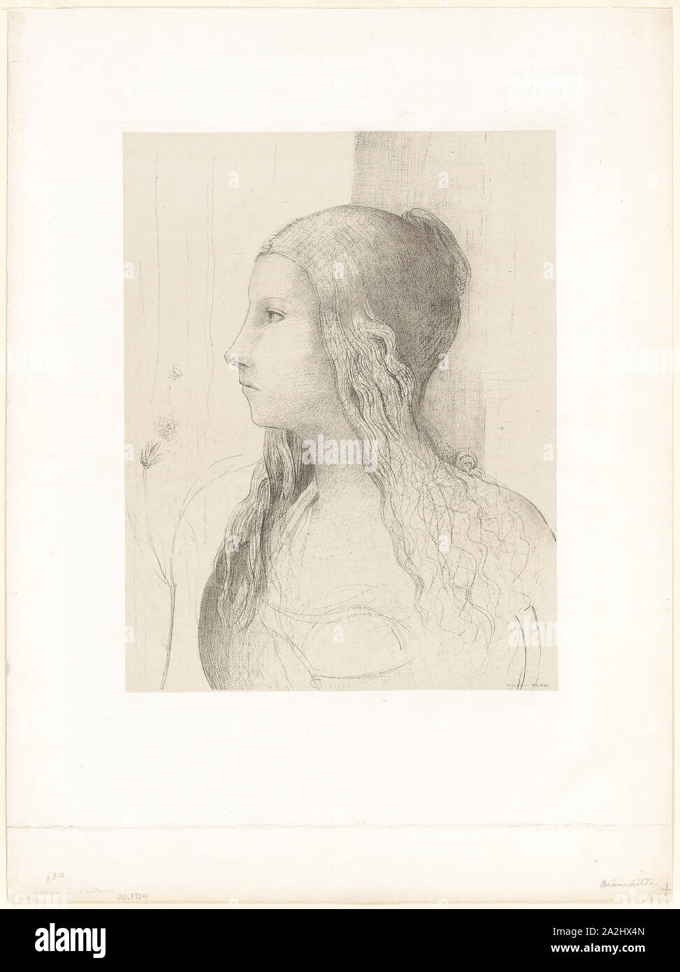 Brünnhilde (Twilight of the Gods), 1894, Odilon Redon, French, 1840-1916, France, Lithograph in black on cream chine collé laid down on ivory wove paper, 379 × 294 mm (image/chine), 602 × 449 mm (sheet Stock Photo