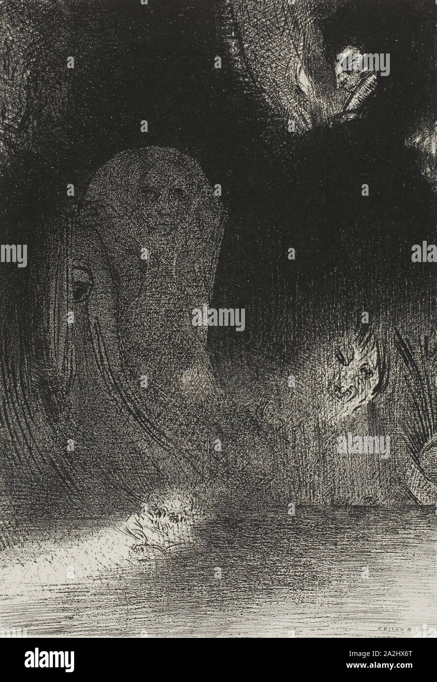 I Have Sometimes Seen in the Sky What Seemed to Be Like Forms of Spirits, plate 21 of 24, 1896, Odilon Redon, French, 1840-1916, France, Lithograph in black on ivory China paper laid down on ivory wove paper, 265 × 184 mm (image/chine), 453 × 349 mm (sheet Stock Photo