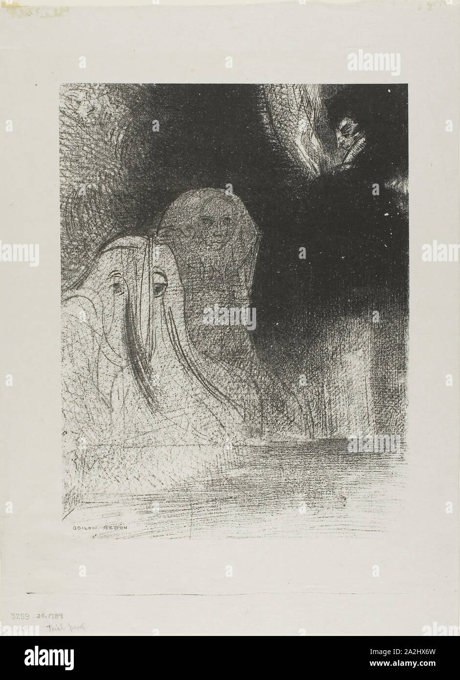I Have Sometimes Seen in the Sky What Seemed Like Forms of Spirits, plate 21 of 24, 1896, Odilon Redon, French, 1840-1916, France, Lithograph in black on light gray loose chine, 270 × 205 mm (image), 373 × 274 mm (sheet Stock Photo