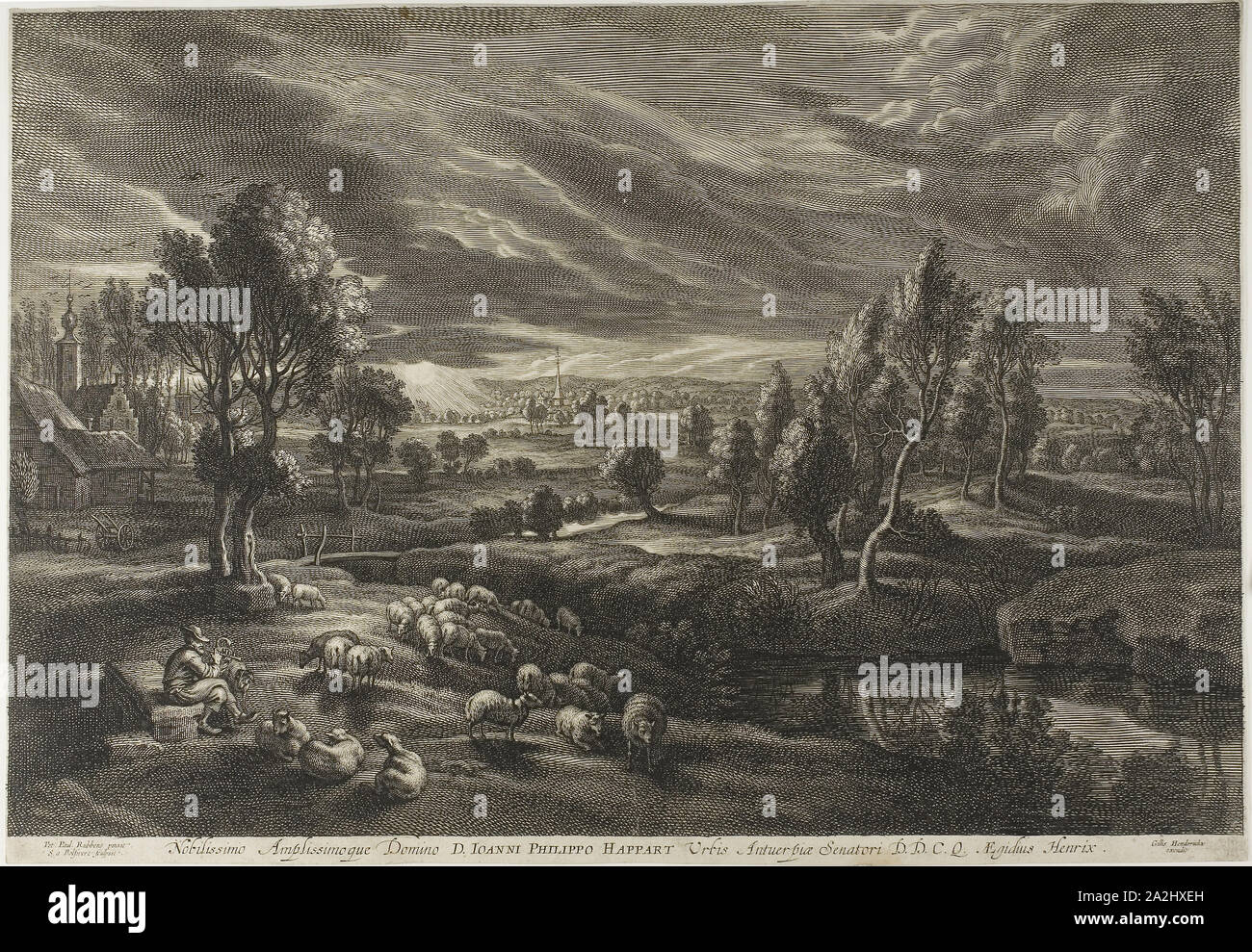 Landscape with Sheep, from The Small Landscapes, c. 1638, Schelte Adamsz. Bolswert (Dutch, active in Flanders, c. 1586–1659), after Peter Paul Rubens (Flemish, c. 1577-1640), Flanders, Engraving on ivory laid paper, 305 × 455 mm (image), 318 × 458 mm (sheet Stock Photo