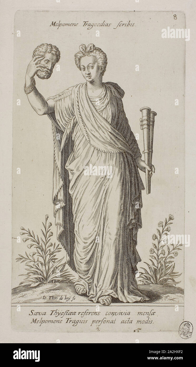 Melpomene, Muse of Tragedy, plate 8 from Parnassus Biceps, 1601, Johann Theodor de Bry (German, 1561-1623), after Jean-Jacques Boissard (French, 1533-1598), Frankfurt an der Oder, Engraving in black on ivory laid paper, 235 × 140 mm (image), 257 × 140 mm (plate), 278 × 164 mm (sheet Stock Photo