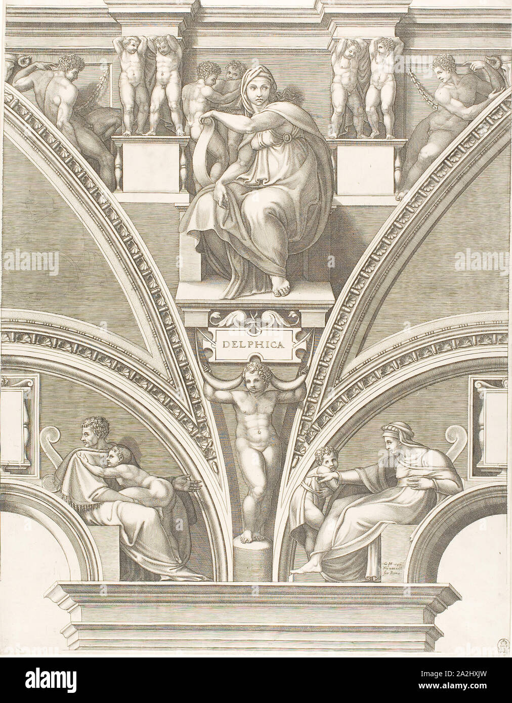 The Delphic Sibyl, early 1570s, Giorgio Ghisi (Italian, 1520-1582), after Michelangelo (Italian, 1475-1564), Italy, Engraving in black on ivory laid paper, 565.5 x 432 mm (plate), 570 x 439 mm (sheet Stock Photo