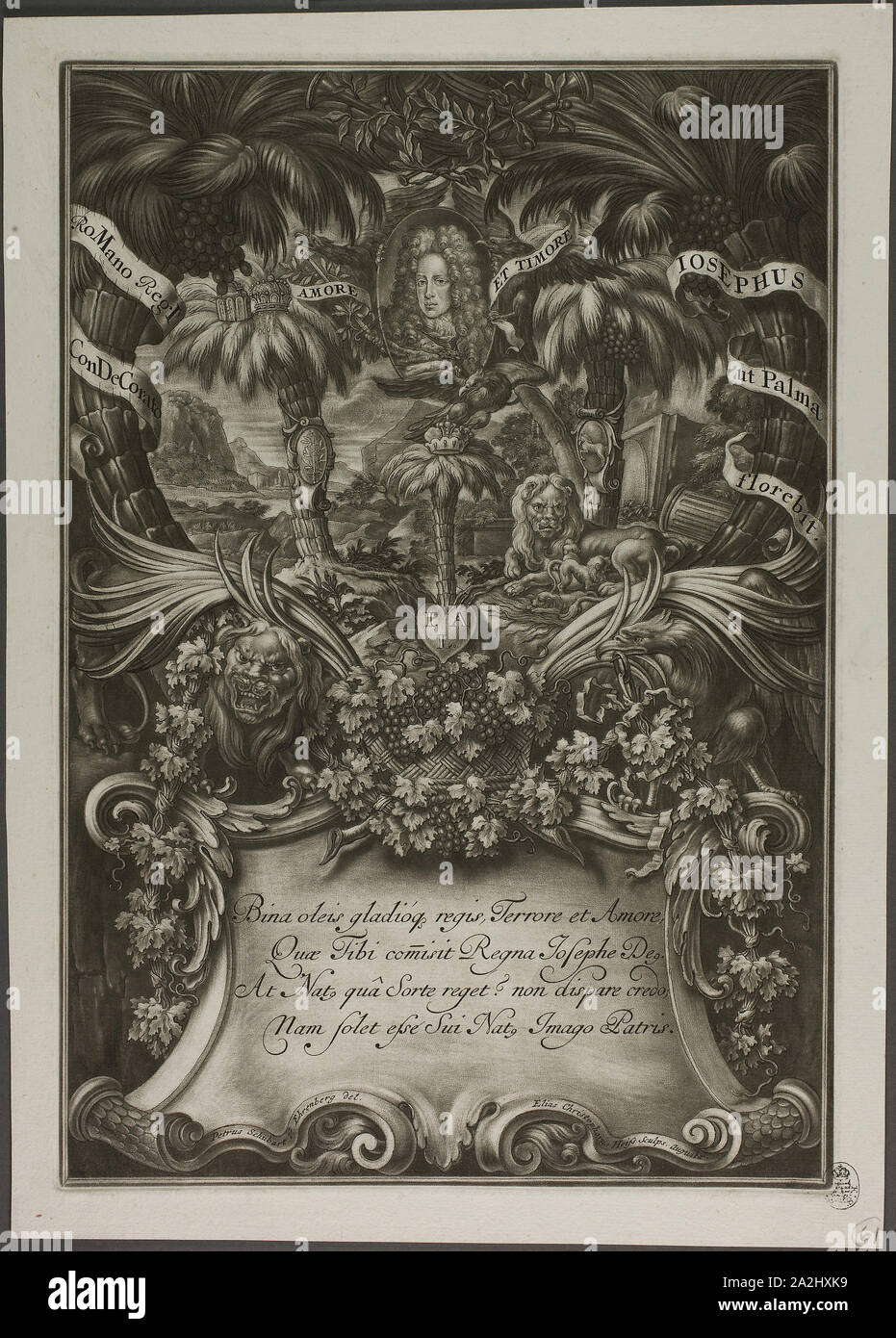 Portrait of Joseph I, 1701, Christoph Elias Heiss, German, 1660-1731, Germany, Mezzotint on ivory laid paper, 340 × 235 mm (plate), 372 × 265 mm (sheet Stock Photo