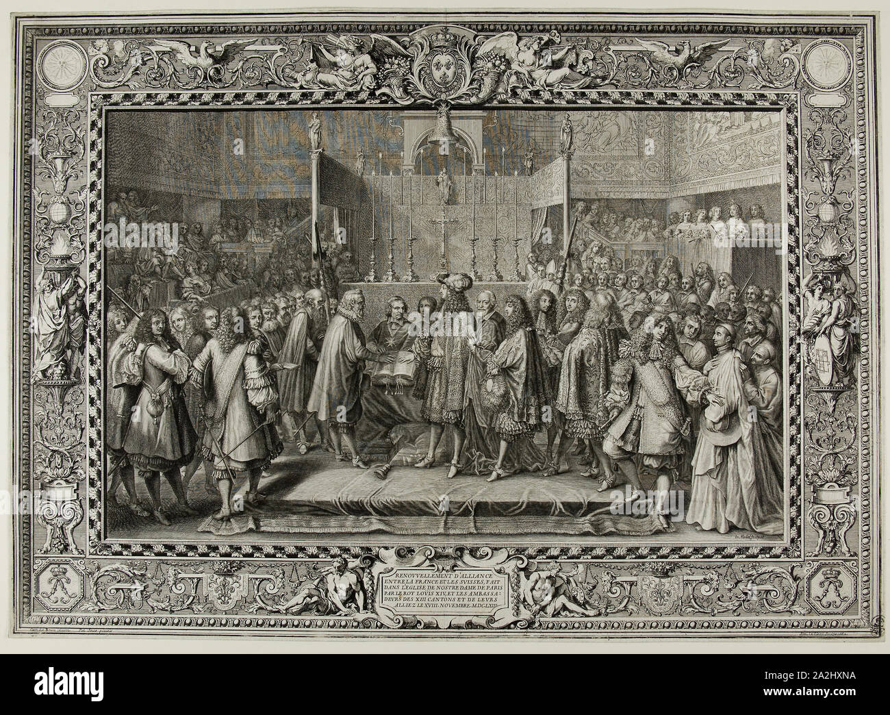 Renewal of the Alliance Between the French and the Swiss in 1663 (after LeBrun), 1680, Sébastien Le Clerc, the Elder, French, 1637-1714, France, Engraving and etching on paper, 397 × 551 mm (plate), 401 × 554 mm (sheet Stock Photo