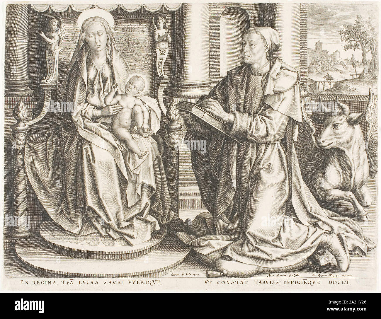 Saint Luke Painting the Virgin, n.d., Antoine Wiertz (Belgian, 1806-1865), after Quentin Massys (Flemish, 1466-1530), Belgium, Engraving on paper, 222 × 289 mm (plate), 226 × 292 mm (sheet Stock Photo