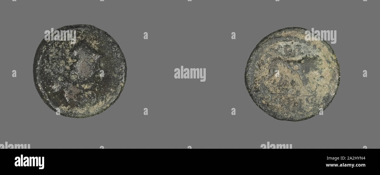 Coin Depicting a Lion, AD 193/211, Roman, Roman Empire, Bronze, Diam. 1.4 cm, 1.12 g Stock Photo