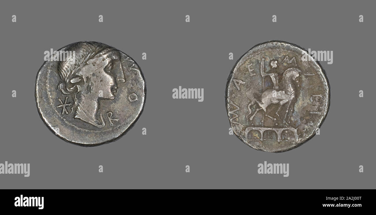 Denarius (Coin) Depicting the Goddess Roma, 114/113 BC, Roman, Roman Empire, Silver, Diam. 1.9 cm, 3.53 g Stock Photo