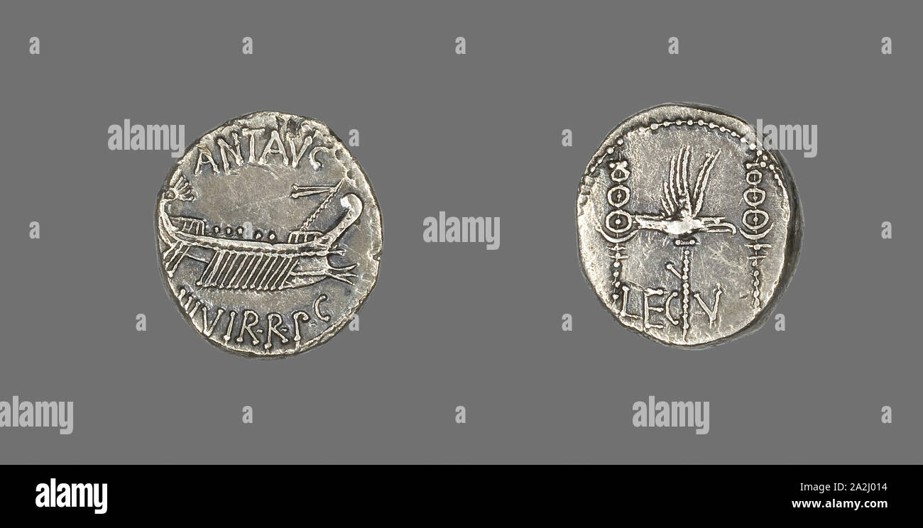Denarius (Coin) Depicting a Galley, 32/31 BC, Roman, Roman Empire, Silver, Diam. 1.7 cm, 3.77 g Stock Photo