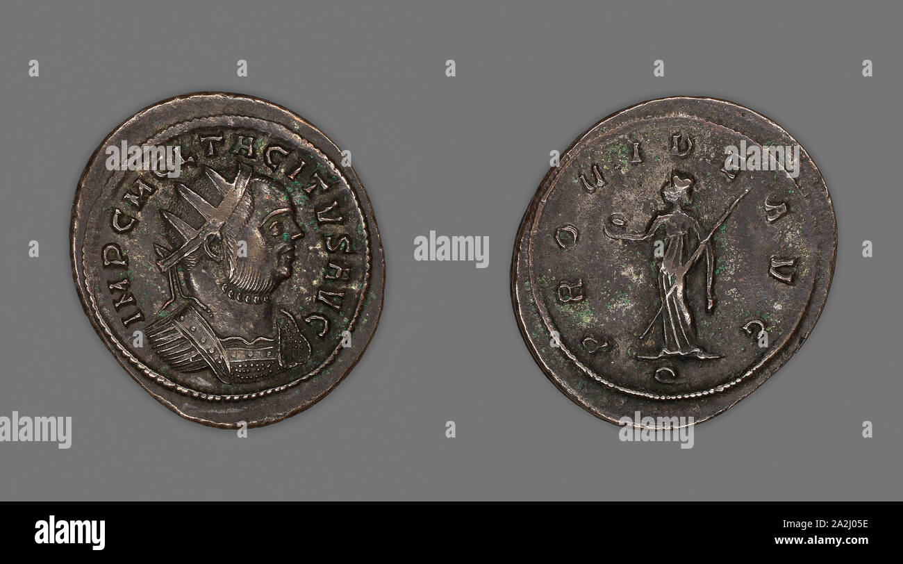 Aurelianus (Coin) Portraying Emperor Tacitus, AD 276 (January/June), issued by Tacitus, Roman, minted in Ticinum, Roman Empire, Billon, Diam. 2.4 cm, 3.12 g Stock Photo
