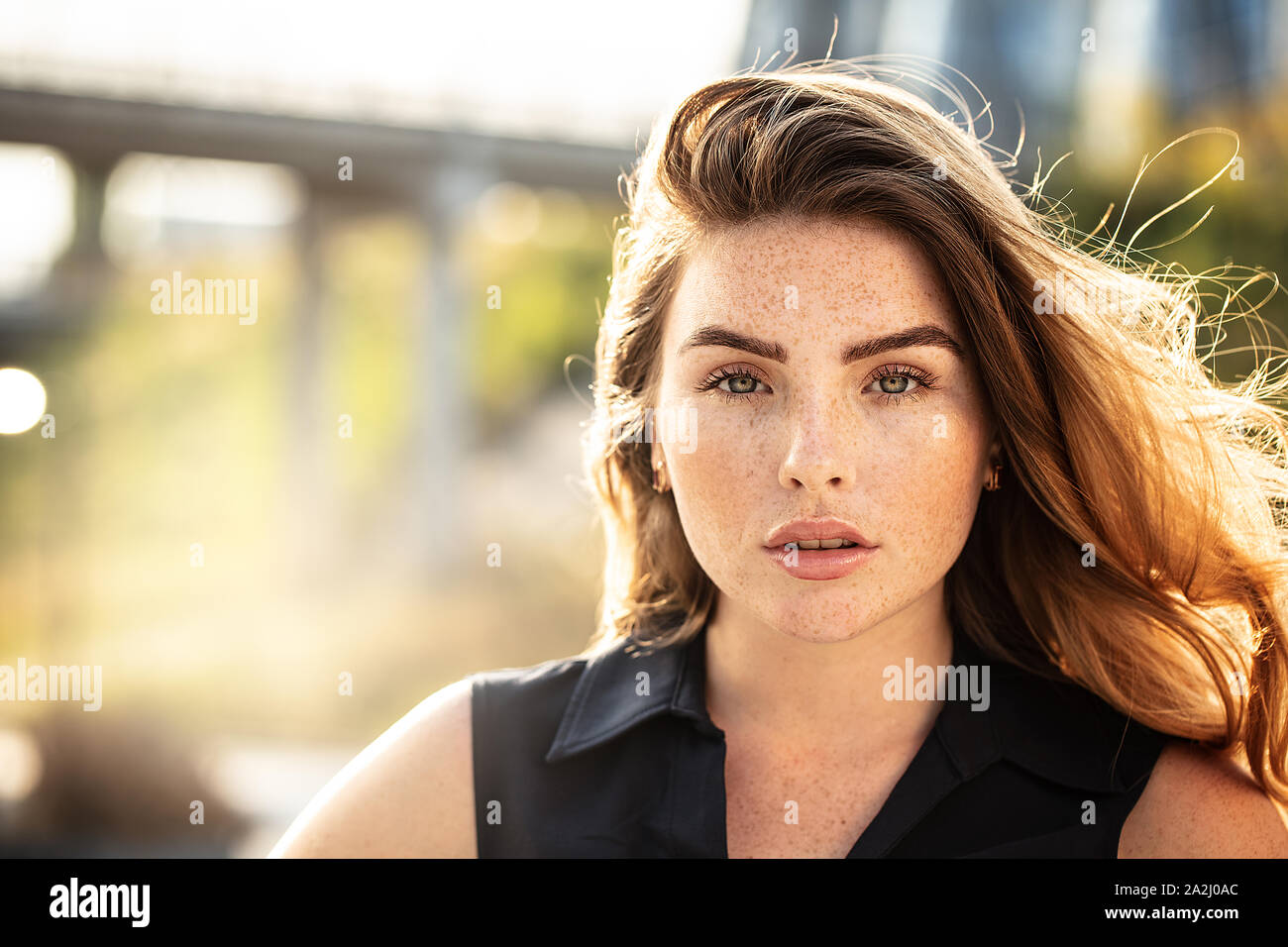 Portrait of beautiful young woman with freckles on her face , looking at camera. Girl with long hair and natural makeup. Stock Photo