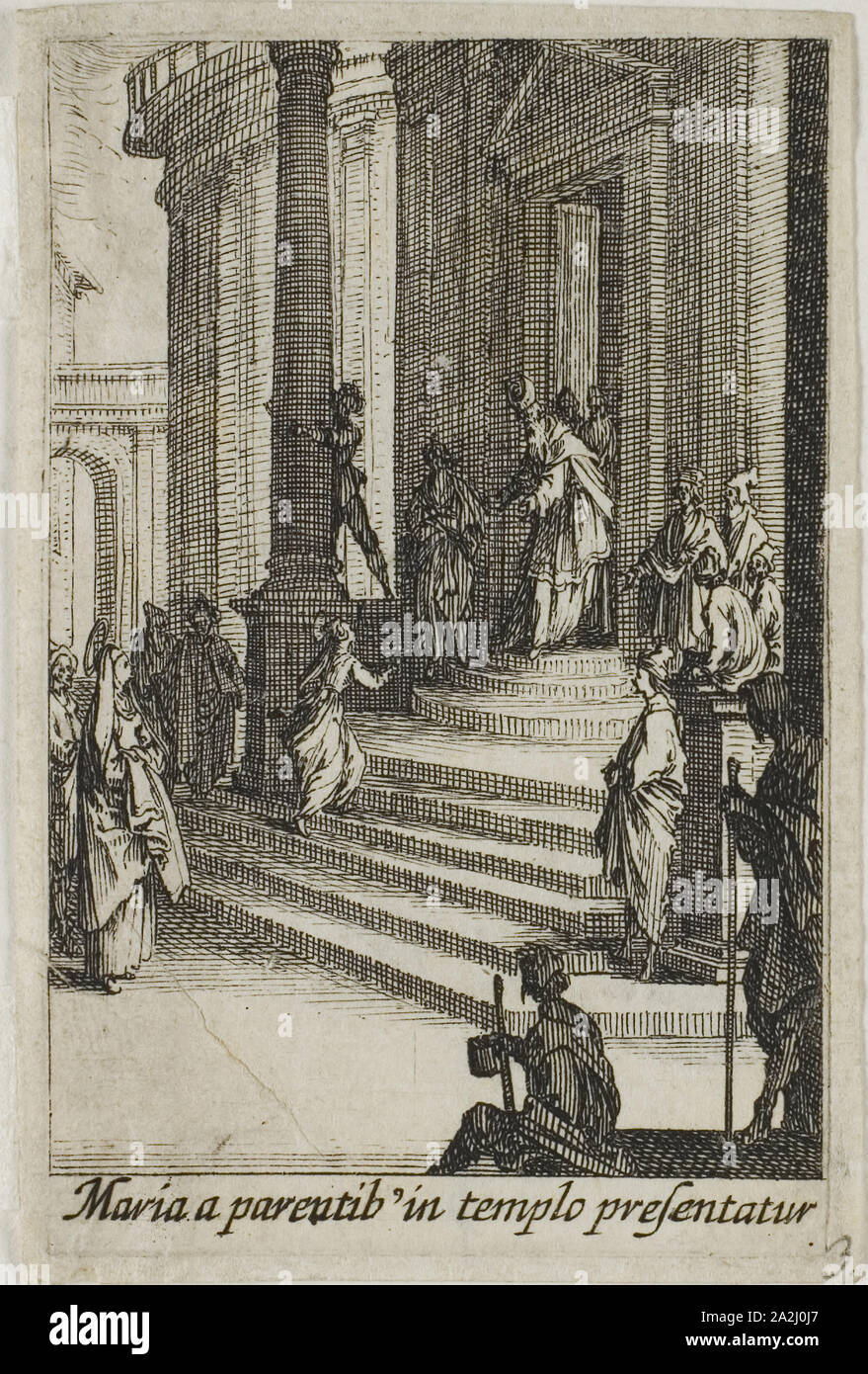The Virgin Mary Presented at the Temple, from The Life of the Virgin, n.d., Jacques Callot, French, 1592-1635, France, Etching on paper, 63 × 43 mm (image), 68 × 44 mm (plate), 73 × 47 mm (sheet Stock Photo