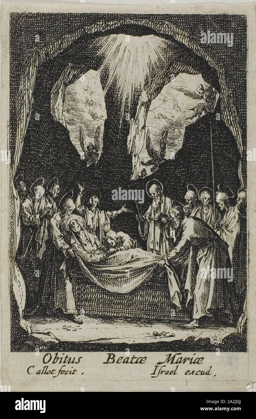 The Interment of the Virgin, from The Life of the Virgin, n.d., Jacques Callot, French, 1592-1635, France, Etching on paper, 63 × 44 mm (image), 68.5 × 45 mm (plate), 71.5 × 48 mm (sheet Stock Photo