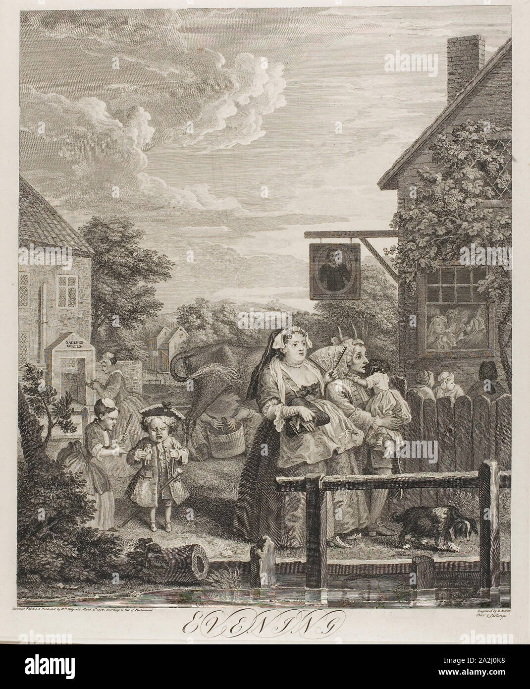 Evening, plate three from The Four Times of the Day, May 1738, Bernard Baron (French, 1696-1762), after William Hogarth (English, 1697-1764), France, Etching and engraving in black on ivory laid paper, 453 × 374 mm (image), 485 × 405 mm (plate), 665 × 500 mm (sheet Stock Photo