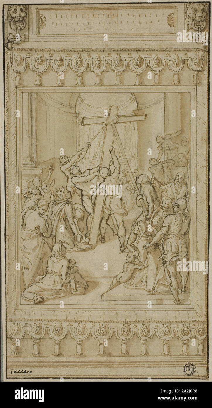 Saint Helena Kneeling before the True Cross, c. 1582, Cesare Nebbia, Italian, 1536-1614, Italy, Pen and brown ink with brush and brown wash, over black chalk, on cream laid paper, edge mounted on cream wove paper, 297 x 164 mm Stock Photo