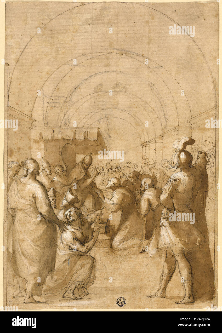 Study for Pope Innocent III Establishing the Franciscan Order, n.d., Possibly Francesco Allegrini (Italian, 1587/1624-after 1679), or possibly Federico Zuccaro (Italian, c. 1542-1609), Italy, Pen and brown ink with brush and brown wash, heightened with white gouache, over black chalk, on buff laid paper, 312 x 219 mm Stock Photo