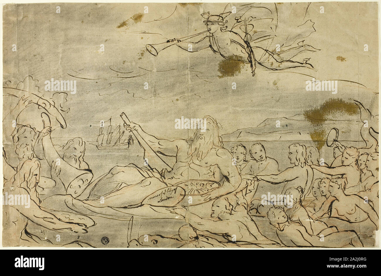 Study for Commerce or the Triumph of the Thames, 1767/80, Attributed to James Barry, Irish, 1741-1806, Ireland, Pen and brown ink over red and black chalk on tan laid paper, laid down on ivory wove paper, 314 x 482 mm Stock Photo