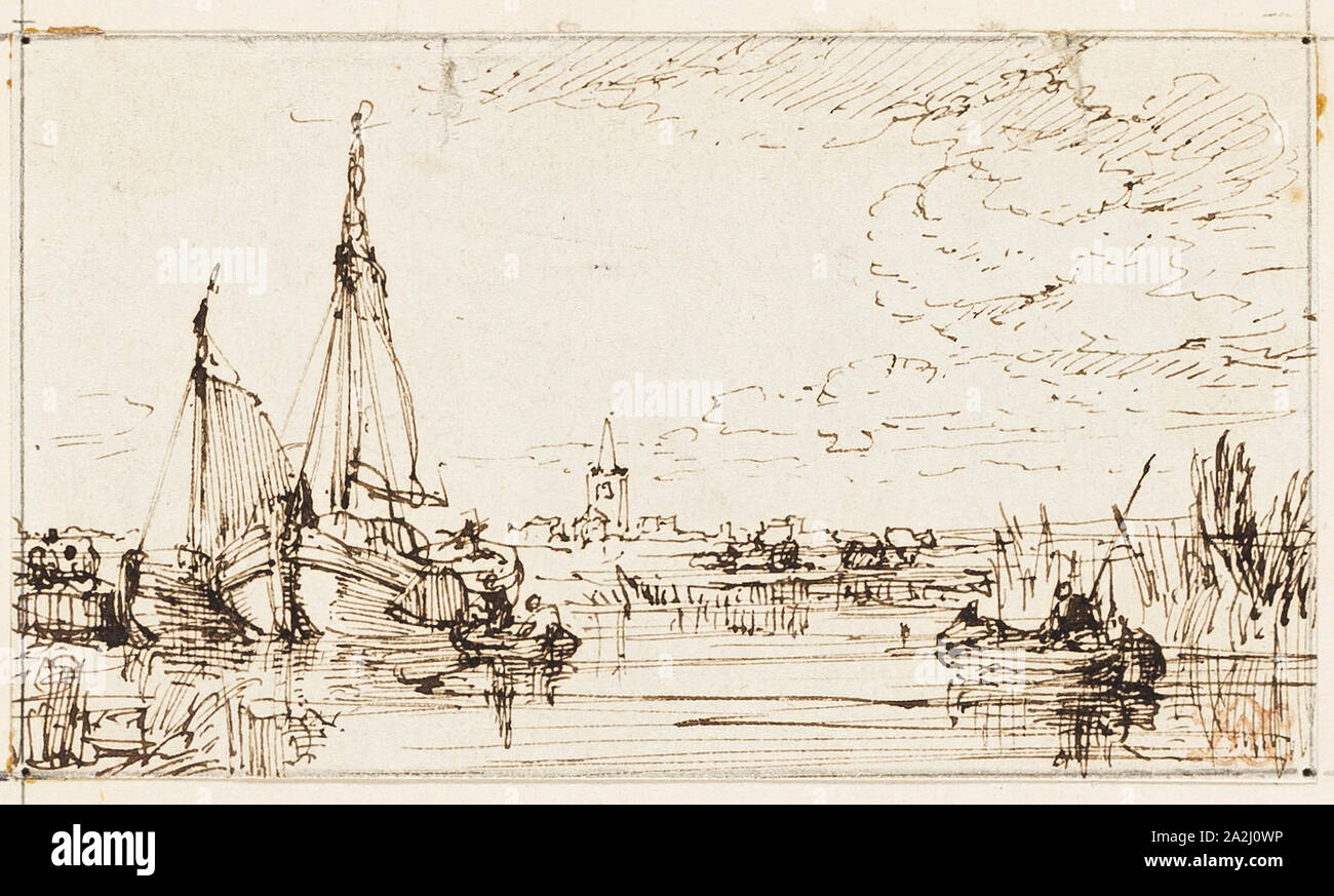 On the Thames, n.d., William Leighton Leitch, Scottish, 1804-1883, Scotland, Pen and brown ink on ivory wove paper, laid down on board, 51 x 90 mm Stock Photo