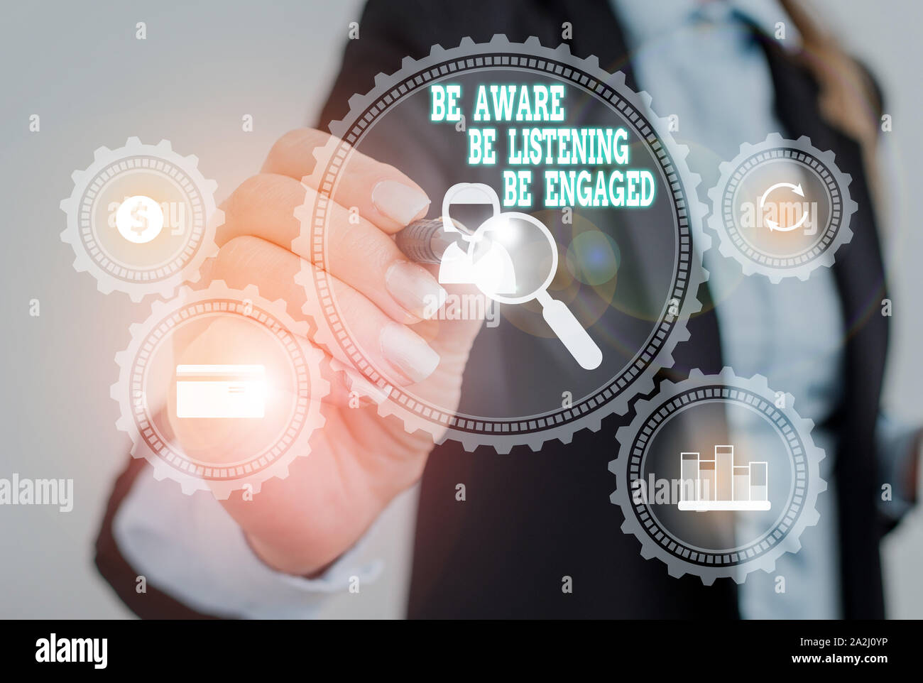 Writing note showing Be Aware Be Listening Be Engaged. Business concept ...