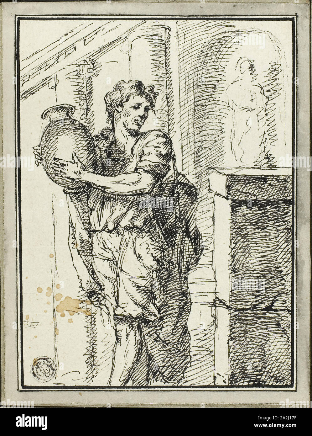 Man Holding Jar, 1785, David Pierre Giottino Humbert de Superville, Dutch, 1770-1849, Holland, Pen and black ink on ivory laid paper, tipped onto gray laid paper, 156 x 120 mm Stock Photo