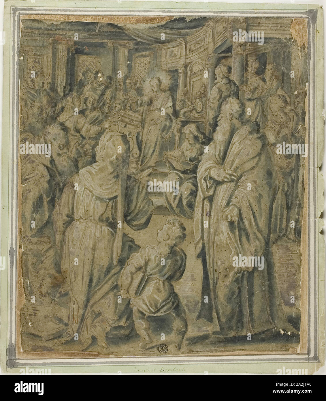 Christ Among the Doctors, n.d., School of Lambert Lombard, Flemish, 1506-1566, Flanders, Pen and brown ink and brush and blue wash,  heightened with lead white (partly discolored), on blue laid paper (faded), laid down on ivory laid paper, 326 × 282 mm Stock Photo