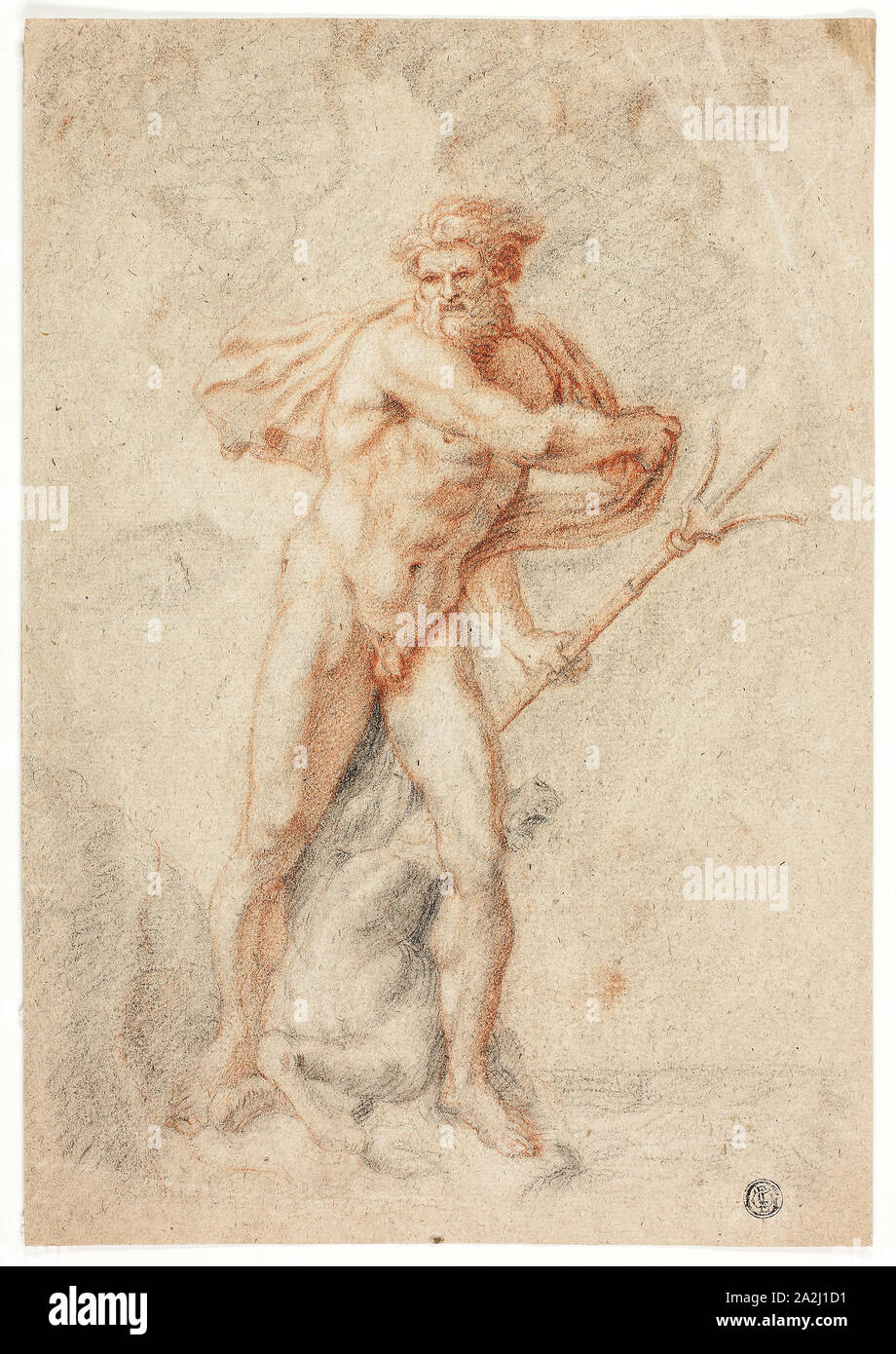 Neptune, n.d., Possibly Theodor van Thulden, Dutch, 1606-1669, Netherlands, Black and red chalk, heightened with white chalk, on tan laid paper, 320 x 221 mm Stock Photo