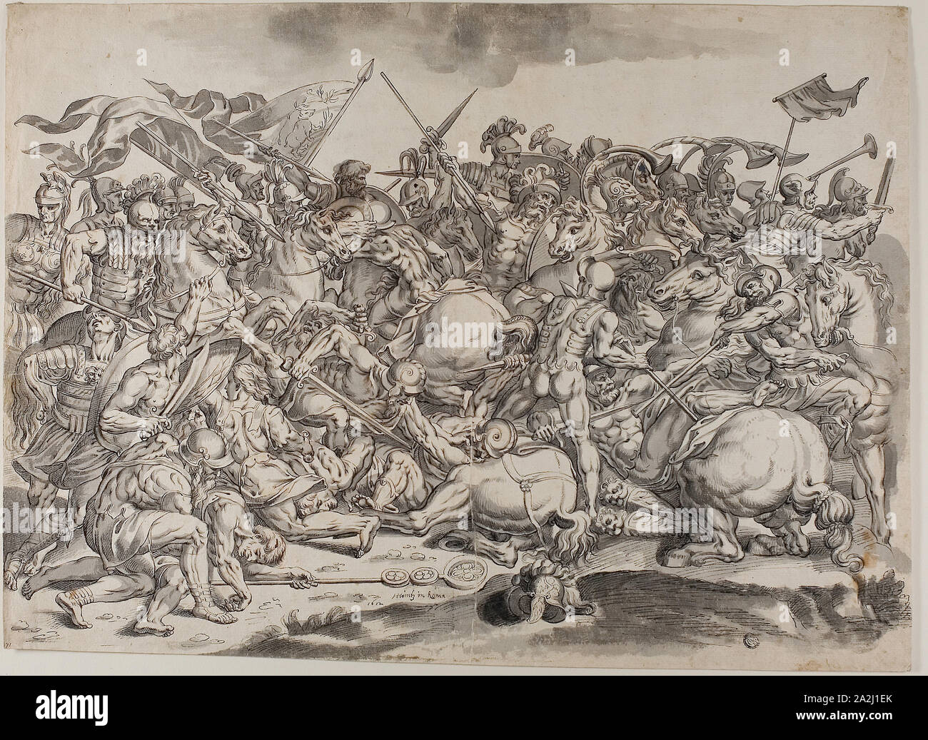 Battle of the Milvian Bridge, 1612, Johann Heintz (active Rome 1611-1612 and Milan 1652), or after Raffaello Sanzio called Raphael and his workshop (Italian, 1483-1520), Germany, Pen and black ink, and brush and gray wash over red chalk and traces of graphite, on cream laid paper, laid down on tan wove paper (pieced), 419 x 571 mm Stock Photo