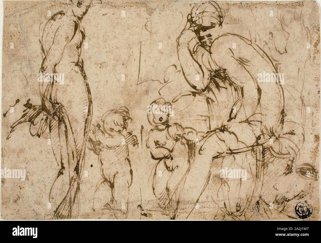 Venus and Mars with Putti (recto), Bearded Man Moving to Right (verso), c. 1550, Circle of Francesco Mazzola, called Parmigianino, Italian, 1503-1540, Italy, Pen and brown ink on cream laid paper (recto and verso), both laid down on ivory laid paper, 122 x 175 mm Stock Photo