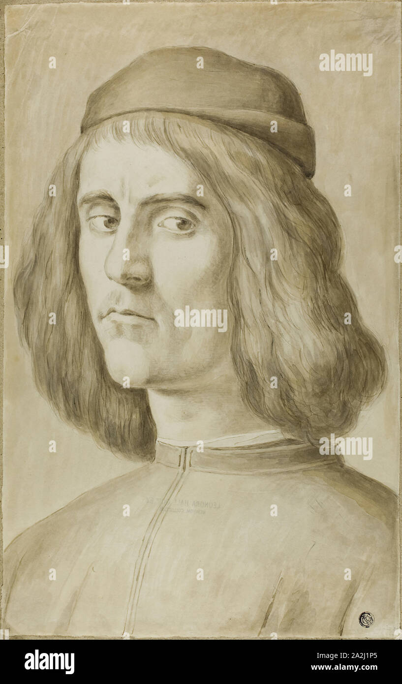 Portrait Bust of a Young Man, after 1829, After Alessandro Filipepi, called Sandro Botticelli, Italian, 1444/45-1510, Italy, Brush and brown ink and brown and gray wash, over traces of graphite, on ivory wove paper, tipped on to tan laid paper with gray fibers, 417 x 262 mm Stock Photo
