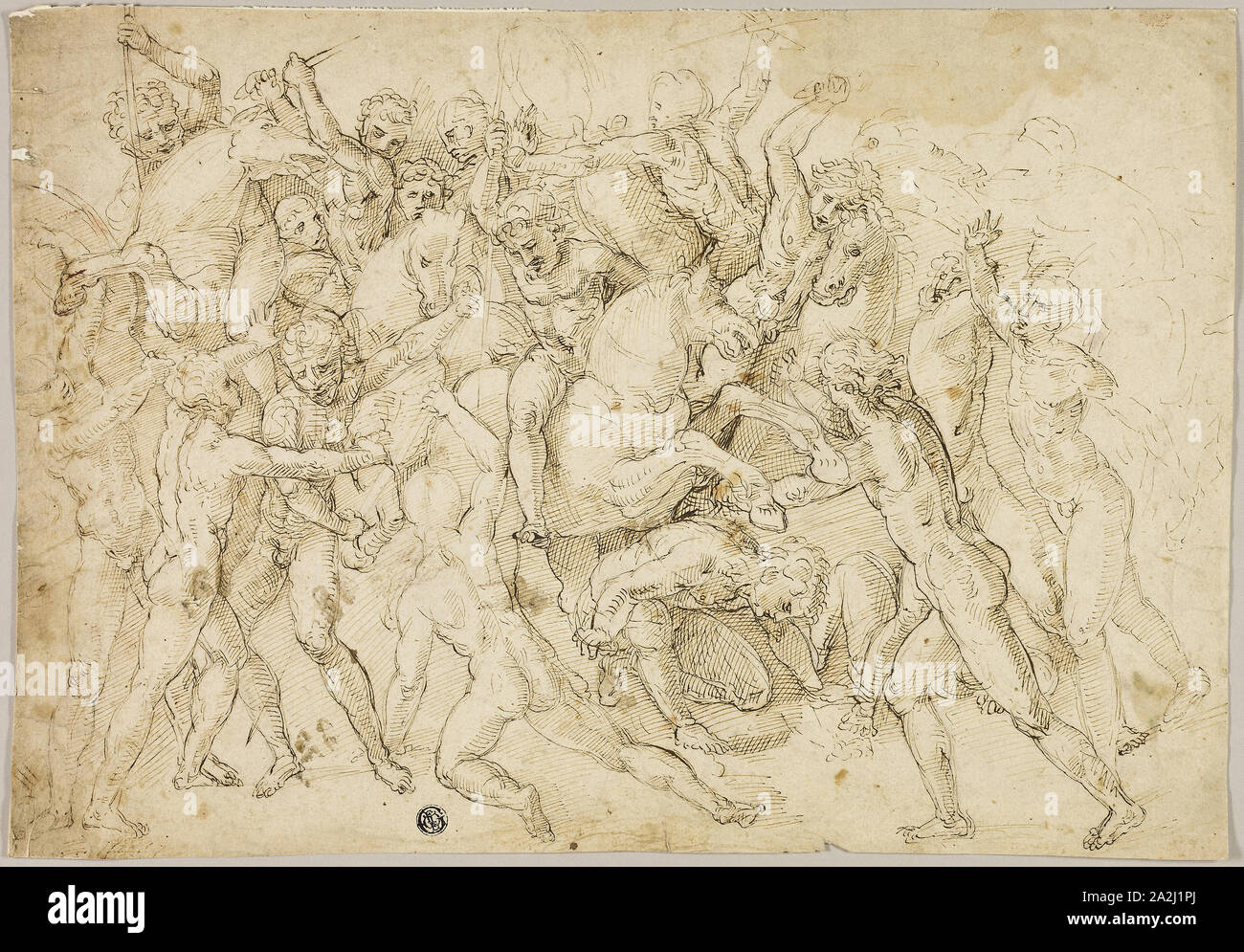 Battle between Cavalry and Foot Soldiers, late 16th century, After Girolamo Genga, Italian, c. 1476-1551, Italy, Pen and brown ink, over traces of graphite, on ivory laid paper, 278 x 397 mm Stock Photo