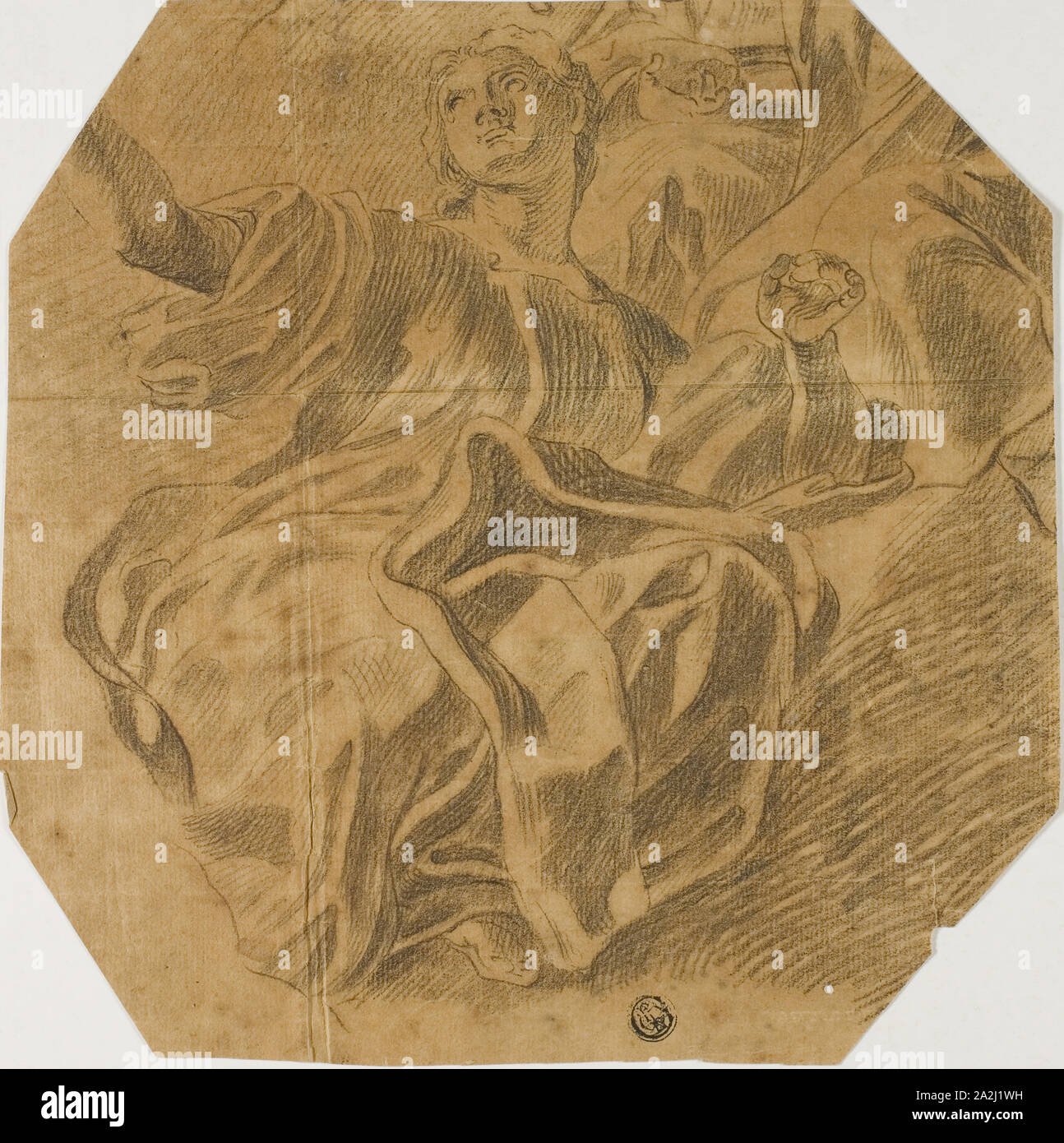 Seated Allegorical Female Figure, n.d., Possibly Lorenzo de’ Ferrari (Italian, 1680-1744), Possibly after Giovanni Battista Gaulli (Italian, 1639-1709), Italy, Black chalk on tan laid paper, 224 x 222 mm Stock Photo