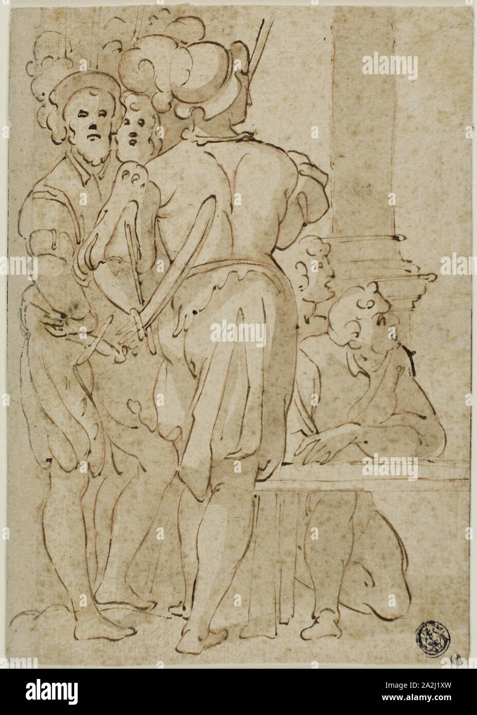 Standing Soldiers and Kneeling Figures, late 16th century, After Taddeo Zuccaro, Italian, 1529-1566, Italy, Pen and brown ink with brush and brown wash, and red chalk, on ivory laid paper, laid down on ivory card, 189 x 133 mm (max Stock Photo