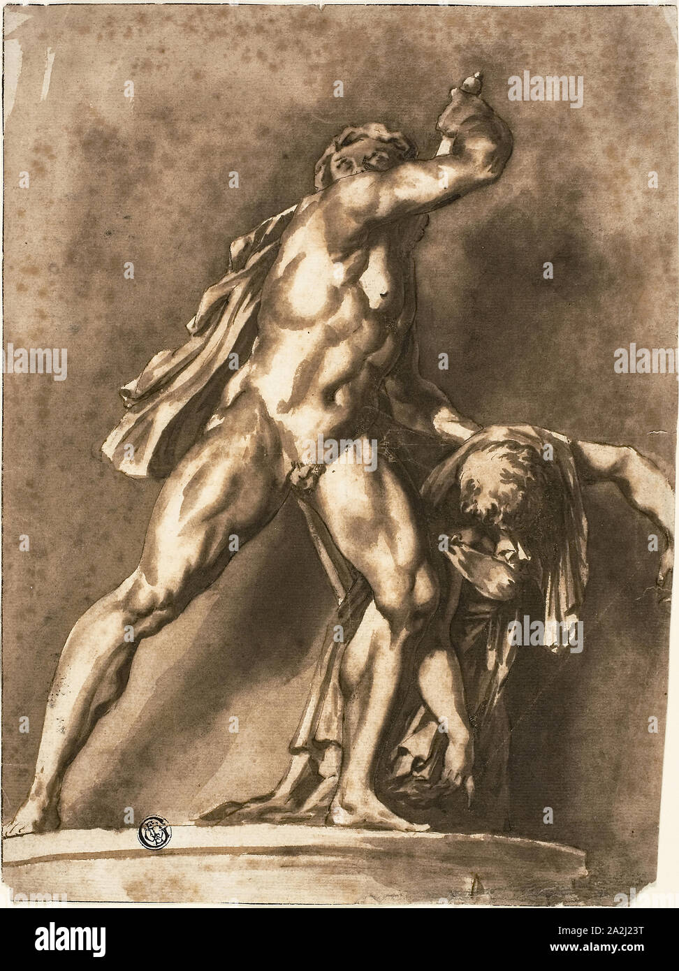 Study after The Dying Gaul Killing His Wife and Himself, n.d., Probably Jan de Bisschop (Dutch, c. 1628-1671), or possibly Henry Bone, R.A. (English, 1755-1834), Holland, Pen and brown ink, with brush and brown wash, over traces of black chalk, on ivory laid paper, 261 x 196 mm Stock Photo