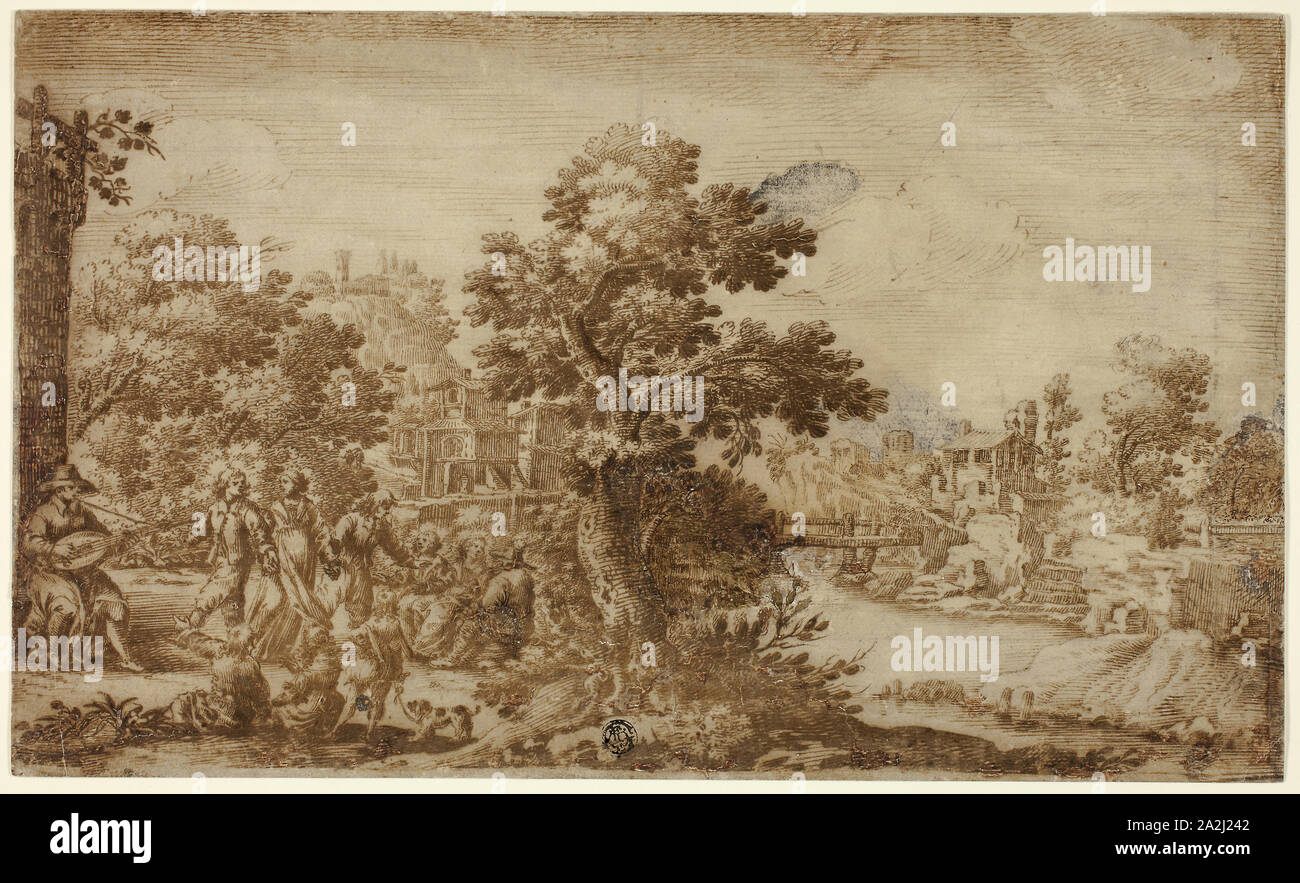 Landscape with Dancers and Musicians, n.d., Attributed to Ercole Bazzicaluva, Italian, c.1610-after 1641, Italy, Pen and brown ink, over traces of black chalk, on buff laid paper, laid down on ivory wove paper, 210 x 348 mm Stock Photo