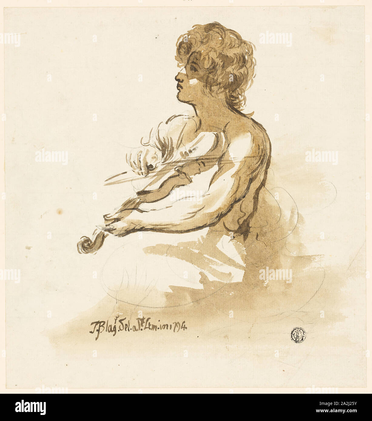 Young Violinist, 1794, Unknown English artist, England, Brush and brown wash over graphite, on ivory laid paper, laid down on cream wove card, 243 × 229 mm Stock Photo