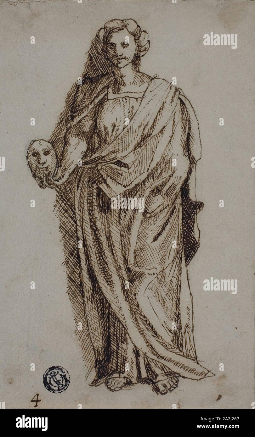 Melpomene, n.d., Possibly after Polidoro Caldara, called Polidoro da Caravaggio, Italian, c. 1499-c. 1543, Italy, Pen and brown ink, on ivory laid paper, tipped onto cream laid paper, 155 x 99 mm Stock Photo